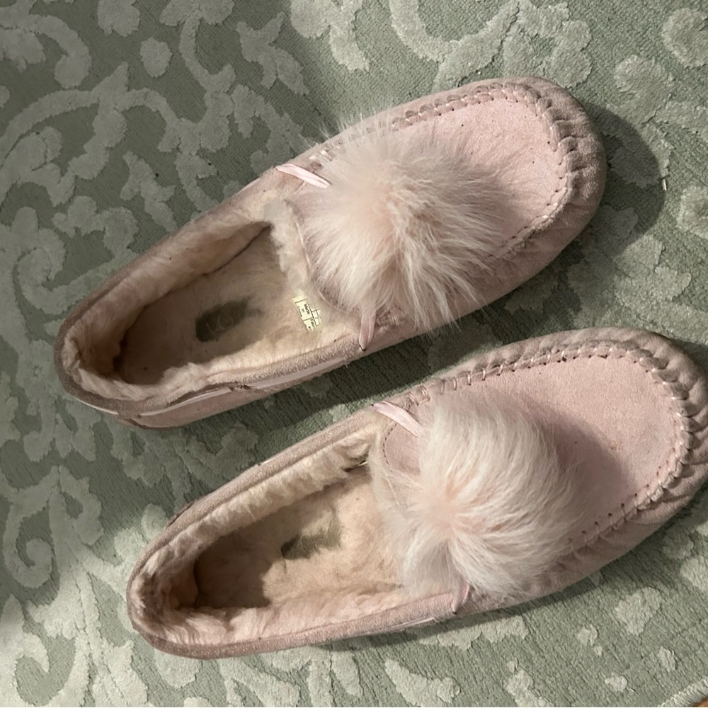 UGG Blush Pink Suede Pom Pom Slippers